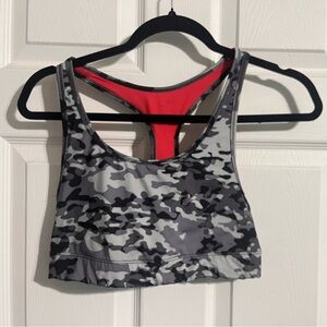 Grey camo sports bra with pink inside
